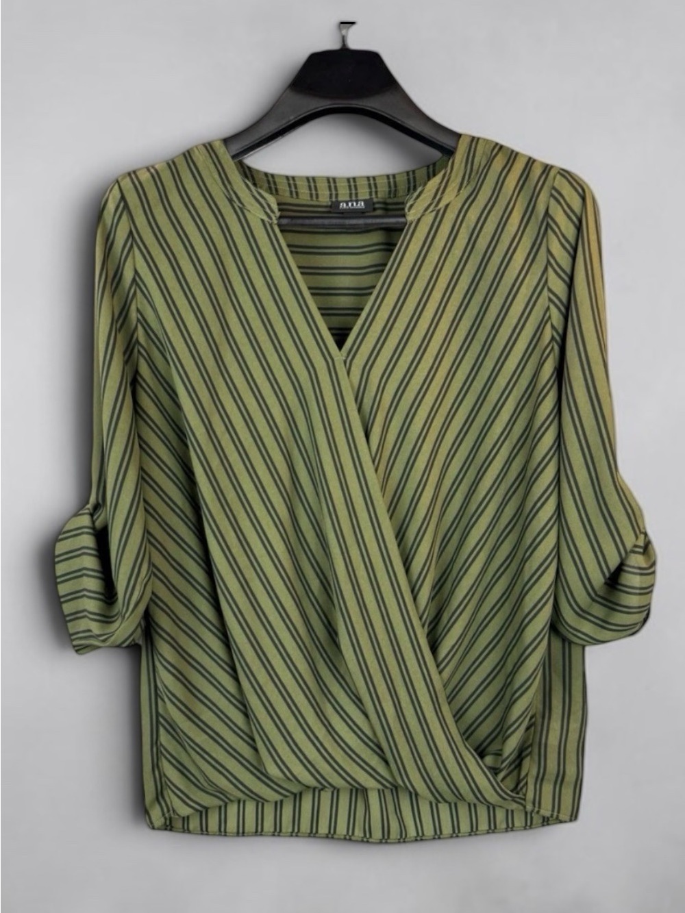 a.n.a Olive Green Striped Wrap-Front Blouse Large